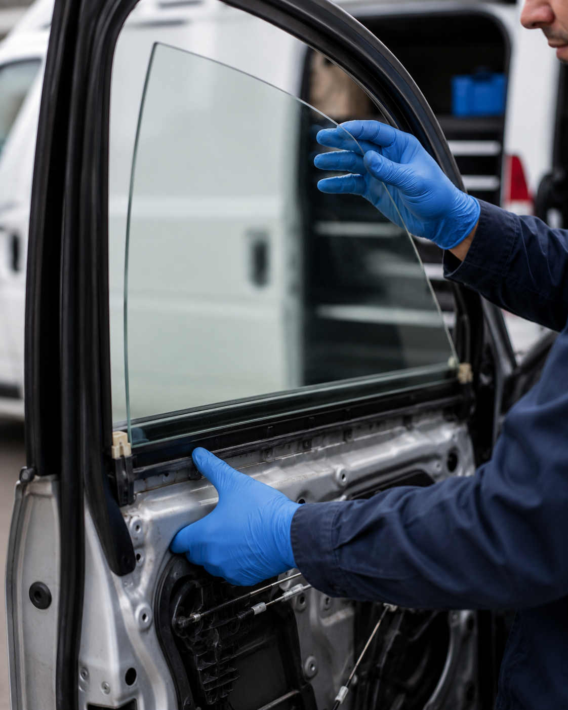 Technician installing a windshield
